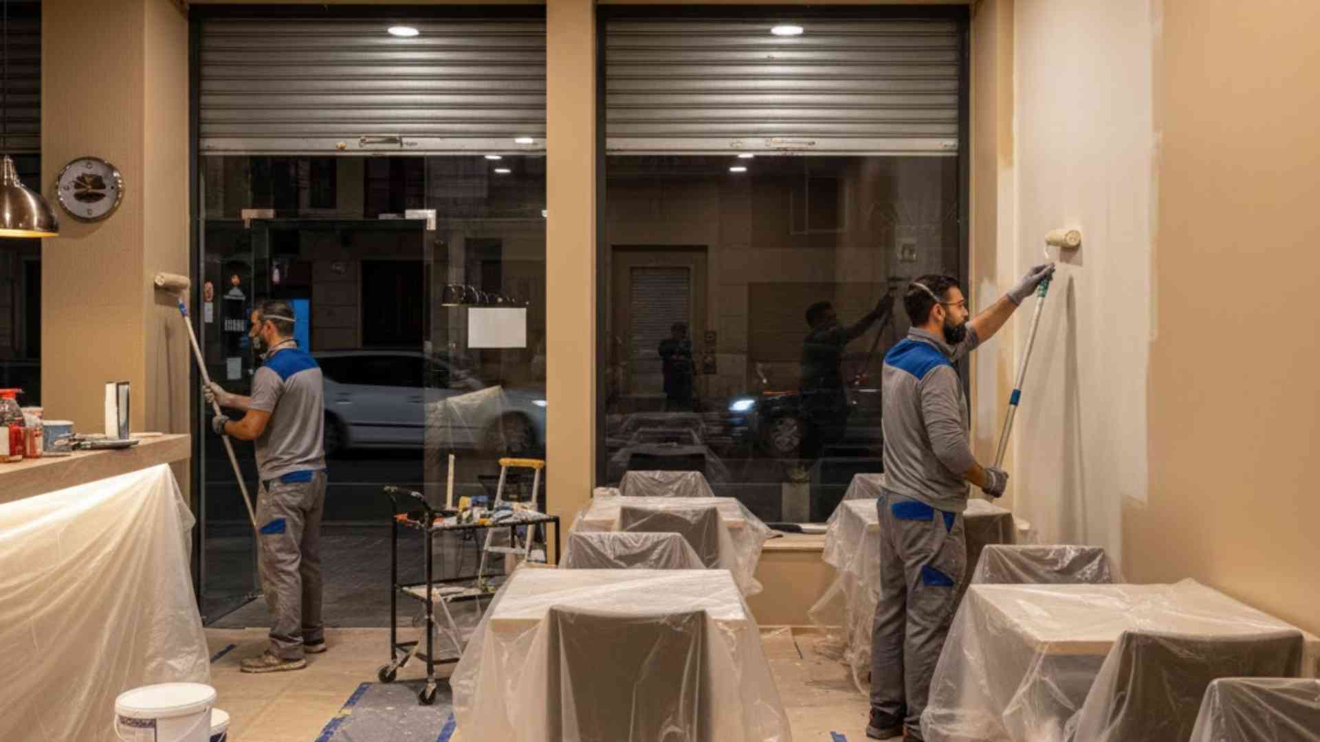 Pintura de locales comerciales en Valencia - Pintores profesionales trabajando en un negocio