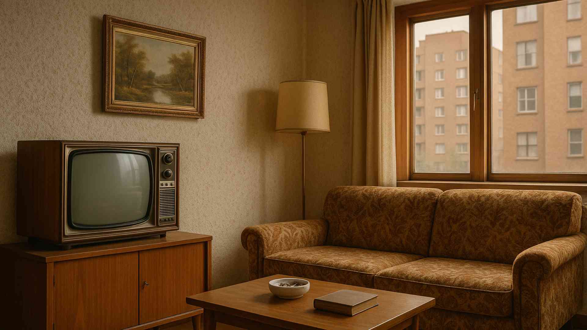 Salón antiguo de los años 70 con paredes de gotelé clásico